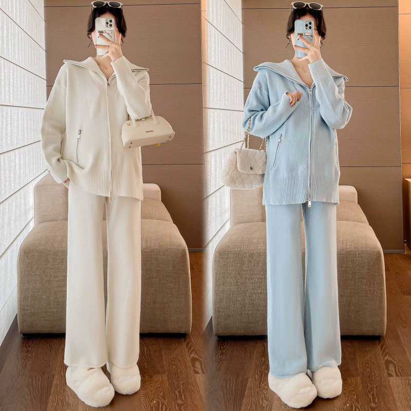 Настоящий выстрел ~ 2023 беременная мама осень и зима Новый мягкий клейкий приятный для кожи сетчатый модный свитер на молнии повседневный модный костюм тонкий