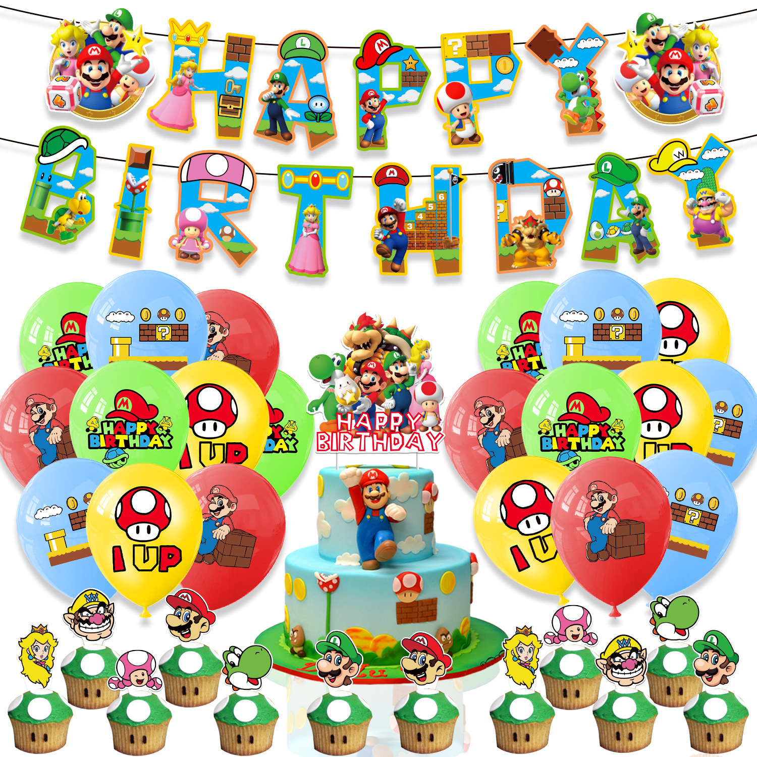 Mario theme birthday party Decoration Mario flag cake balloon spiral…