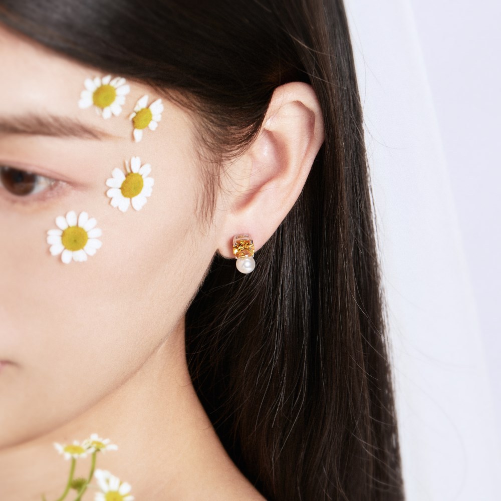 Elegant Square Sterling Silver Plating Artificial Pearls Zircon Ear Studs 1 Pair