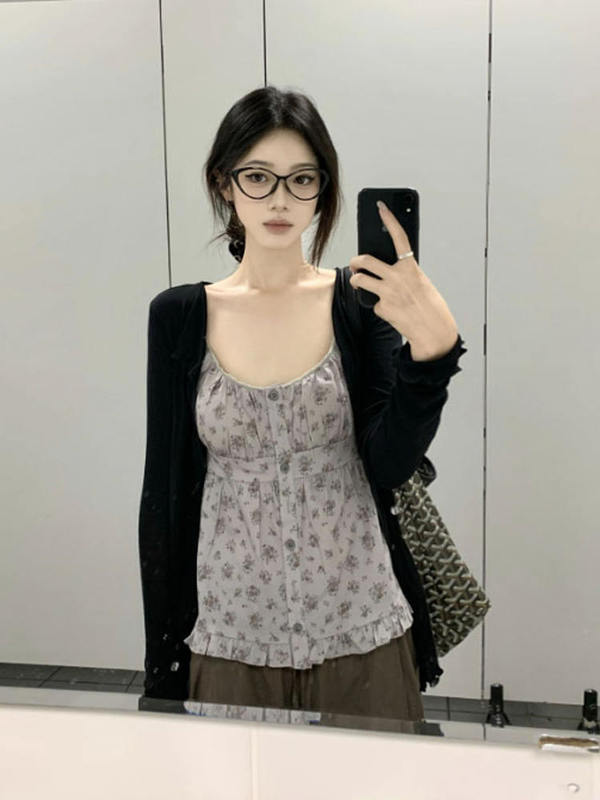 韩系温柔风吊带背心女早秋季2025新款轻薄黑色开衫碎花上衣两件套|undefined