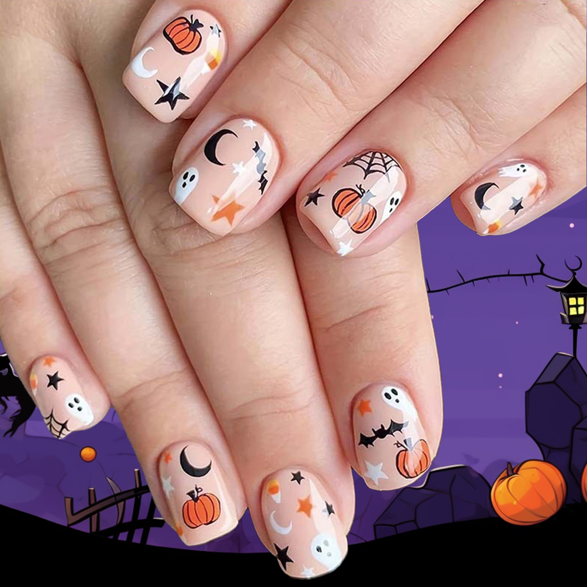 Curto Halloween usable manicure productos terminados manicure parches falsos 24 piezas pueden quitarse algunas uñas