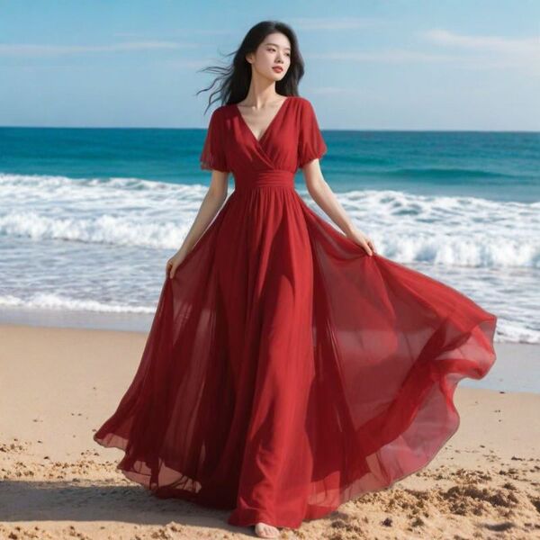 Summer red shiffon long fitted beach dress