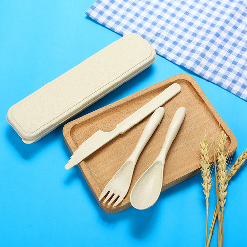 Wheat straw portable cutlery box knife and fork set plastic knife, fork and spoon student travel three-piece set wheat tableware