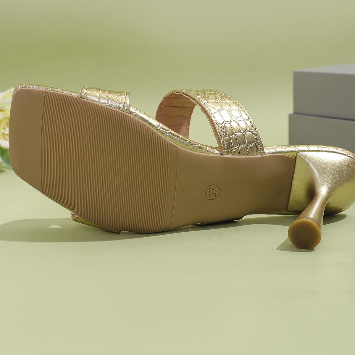 Square head solid color high heel slippers women African fashion one line sandals women Women Heels Slippers_autovado.com