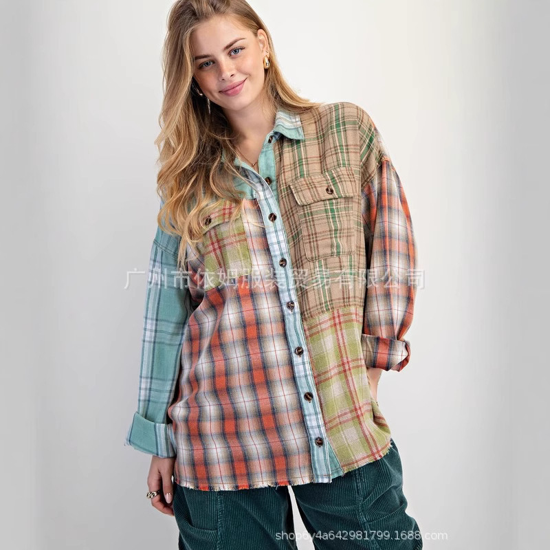 Amazon 25秋の新作クロスボーダーヨーロッパとアメリカの服チェック柄長袖カーディガンシャツルーズカジュアルトップジャケット|undefined