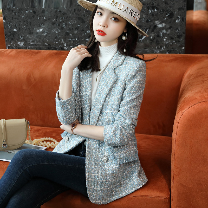 【Foreign Trade Hot Item】Blue Chanel-Style Blazer for Women, Autumn and Winter Casual Woolen Double-Breasted Suit for Petite Figures