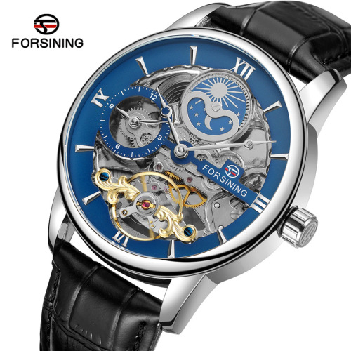 FORSINING Men's Business Automatic Mechanical Watch with Leather Strap, Hollowed-out, Moon and Sun Leisure Mechanical Watch
