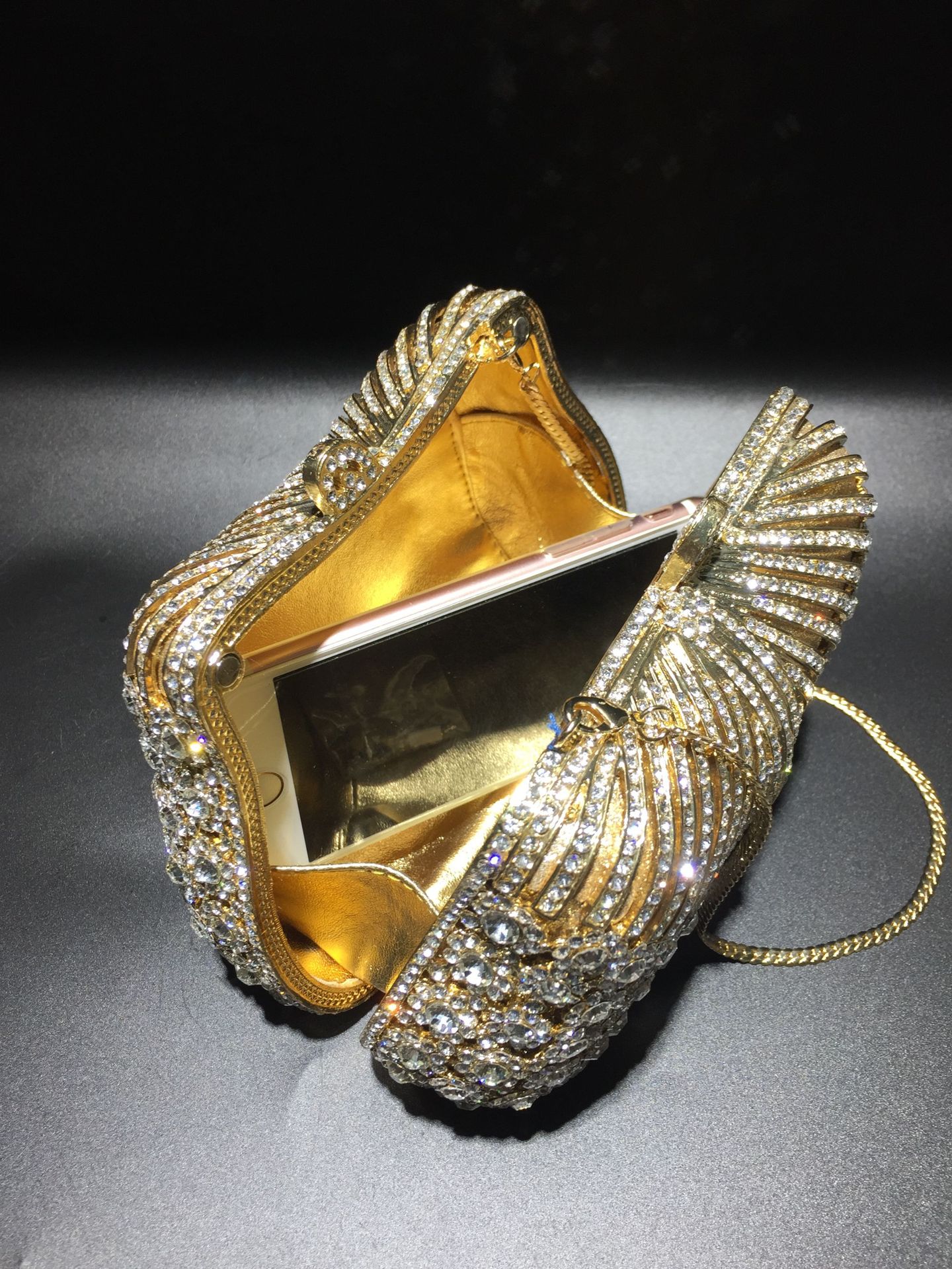 Túi clutch nữ đính đá rhinestone dạ tiệc cao cấp — Vàng kim trắng chi tiết 2