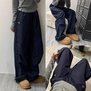 藏青色软壳冲锋裤男冬季加绒防风登山裤子高腰美式微喇阔腿工装裤