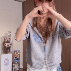 灰色针织开衫女秋季新款双拉链字母绣花连帽上衣短款慵懒毛衣外套
