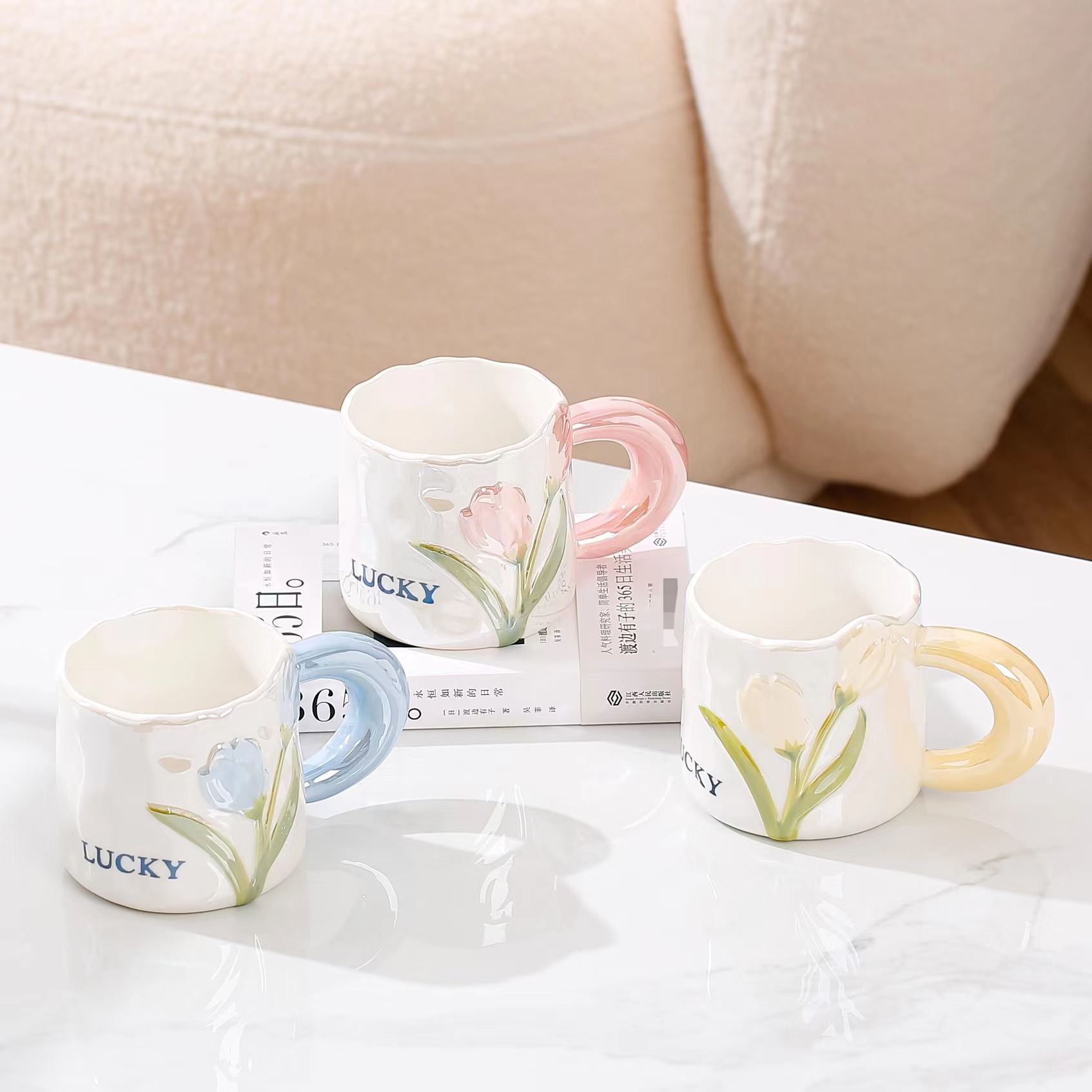 Cute Tulip Breakfast Water Cup Girl Heart Student Ceramic Cup with Lid and Spoon Home Use Mugs Engraved Coffee Cup