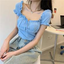 设计感木耳边露锁骨一字肩心机上衣女短款抽绳修身性感短袖针织衫