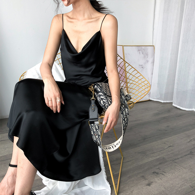 French Style Satin Acetate Slip Skirt with Swing Collar dress Women's Summer Sexy Slim-Fit Satin Pleated Skirt Elegant Long