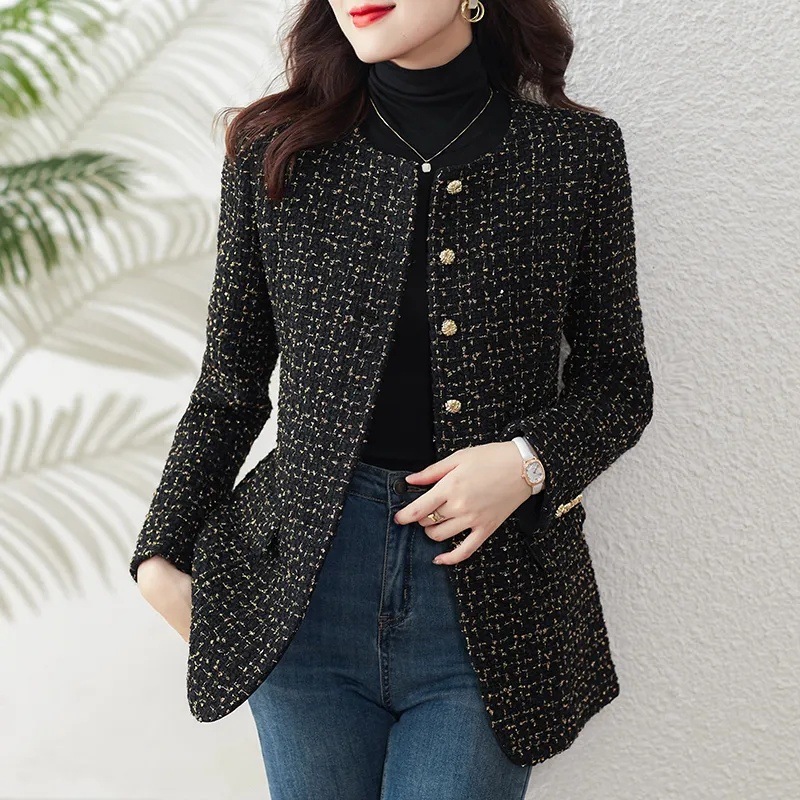 2025 Spring and Autumn Style Chanel Style Women's Coat Elegant Tweed Warm Slim-fit Waist Collarless Long-sleeved Gold Suit