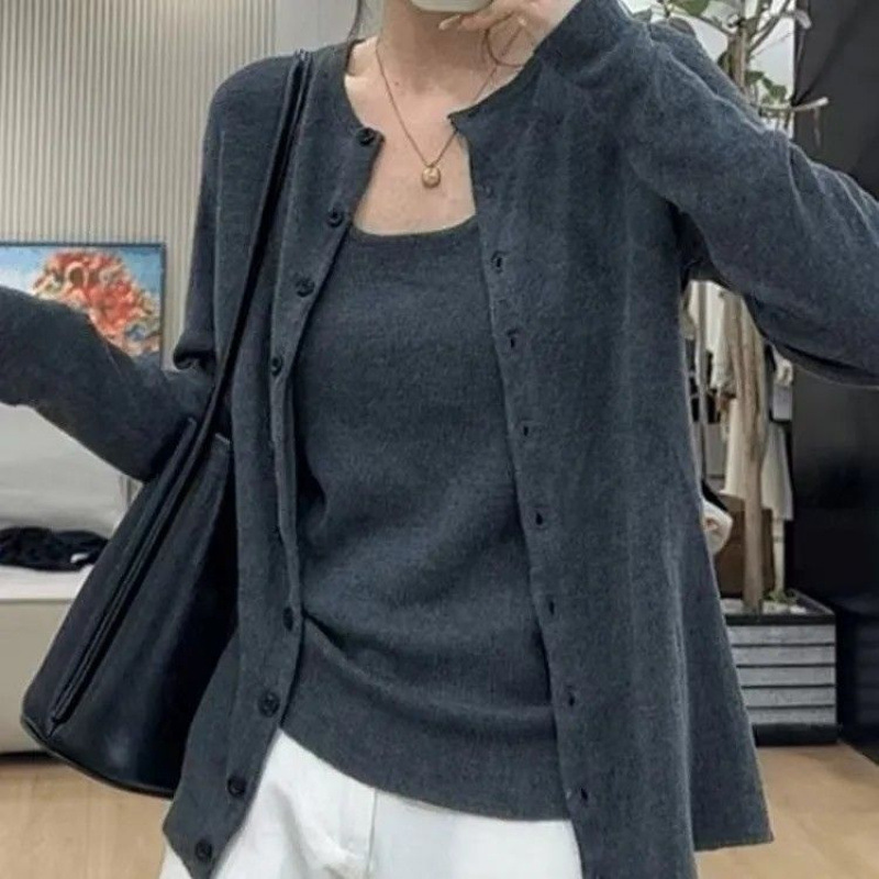 2025精品女士秋款糯米两件套开衫加吊带背心时尚休闲运动套装|undefined