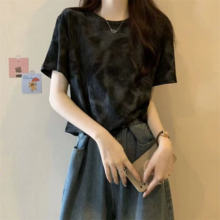 美式复古扎染正肩短袖T恤女夏季设计感小众小个子短款甜辣小上衣