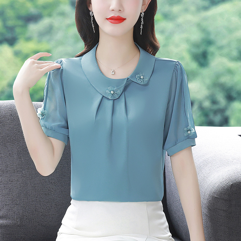 in stock 2025 foreign-style mother high-end Hangzhou imitation silk shirt summer women's mulberry silk top thin solid color short sleeve