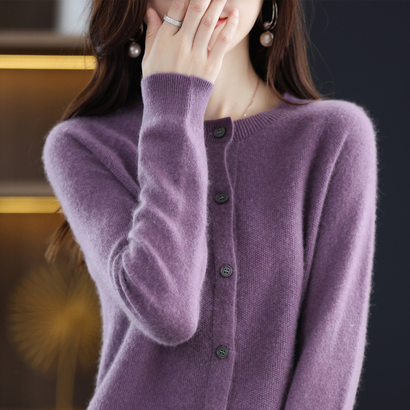Cárdigan de Punto de Lana para Mujer Lana Cuello Redondo, Manga Larga para Otoño e Invierno