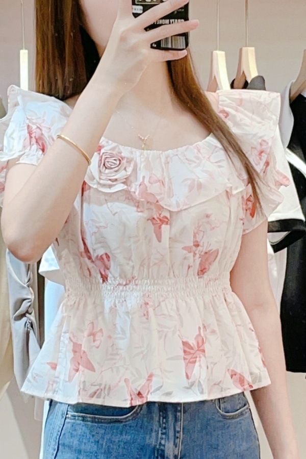 2024 Summer New Floral Chiffon Blouse for Women, Petite, Slimming, Casual, Stylish, and Youthful.