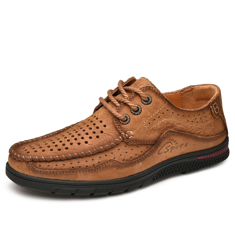 Zapatos de cuero para hombres 2025, nuevos zapatos de cuero transpirables de verano huecos de cuero para hombres, zapatos casuales de cuero de vaca de correa baja image 5