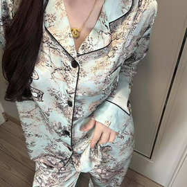 蓝色动物丛林女士睡衣冰丝夏季长袖高级感缎面四季通用开衫家居服