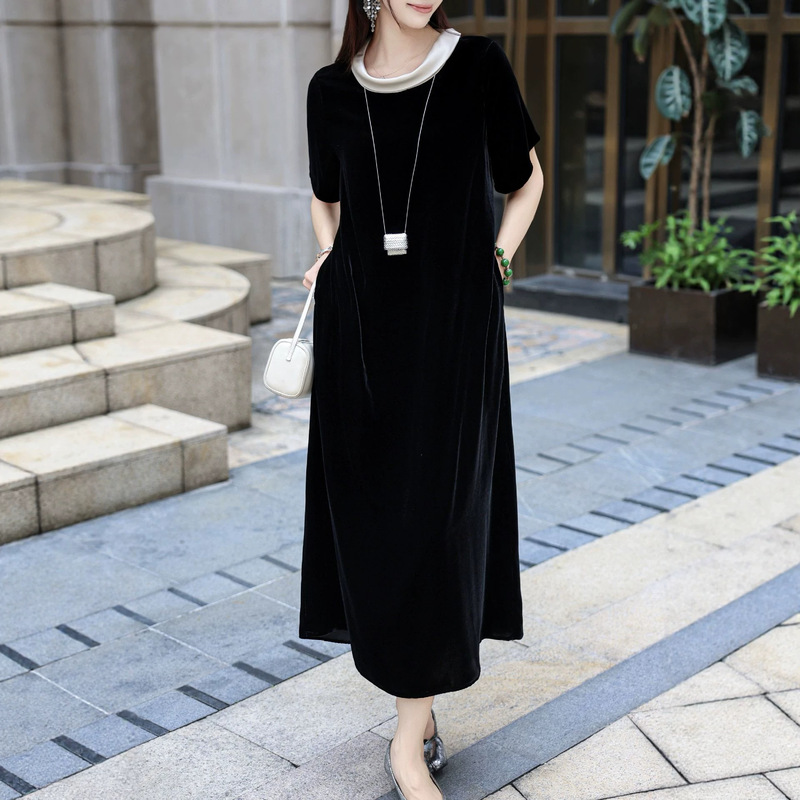 Nanyou 2026 New Model New Chinese Style Silk Velvet Spliced Acetate Collar Extended-Length Dress with a Noble Ladylike Vibe Nanyou 2026 New Model New Chinese Style Silk Velvet Spliced Acetate Collar Extended-Length Dress with a Noble Ladylike Vibe