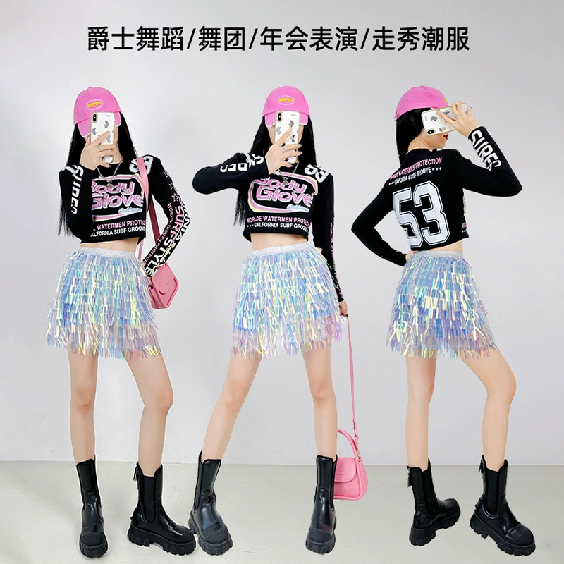 Южная Корея Танцевальная компания полный Шао Ми соми тот же стиль Русалка бисера кисточкой половина юбки киберпанк плечо Pad футболка Танцевальная одежда