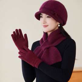 中老年帽子女士奶奶老太太妈妈冬季加绒保暖毛绒针织帽子围巾套装