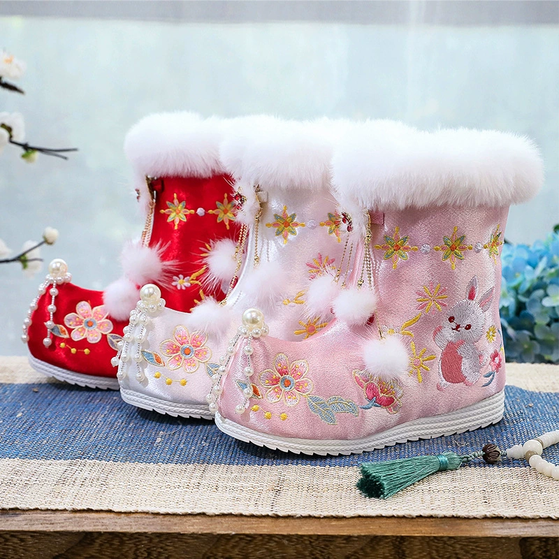 [Счастливая кролик] обувь для девочек Hanfu плюс бархатная ватная обувь сапоги детская хлопковая обувь старая пекинская обувь из ткани теплая вышитая обувь