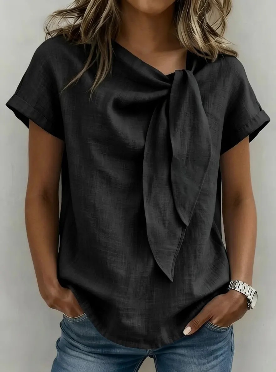 Elegant Women's Cotton Linen Blouse Bow Detail Casual Shirt Comfortable Fashionable Twist Top for Ladies_ecoleips.com