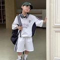 24夏新款中小童男童韩国童装字母印花黑白拼色户外运动速干套装