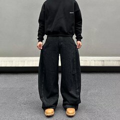 国境を越えたアメリカ式鎌バナナジーンズ男廊形黒起爆金微拉広脚かっこいい高街曲げ刀ズボン