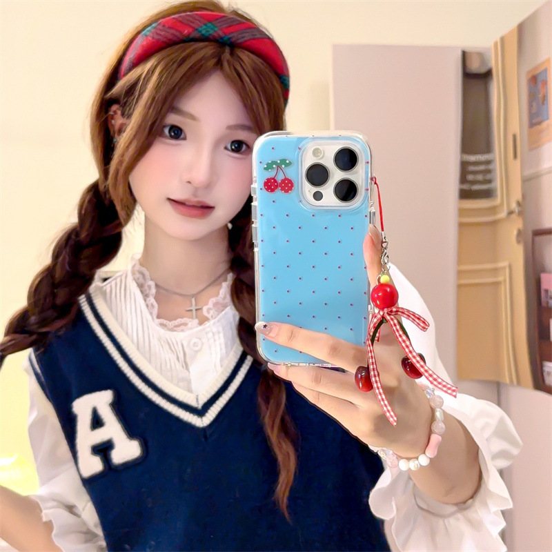 Coreano en cereza simple de lunares para iPhone15ProMax/16 funda para teléfono móvil Apple 13/14 femenino 16 yuanes