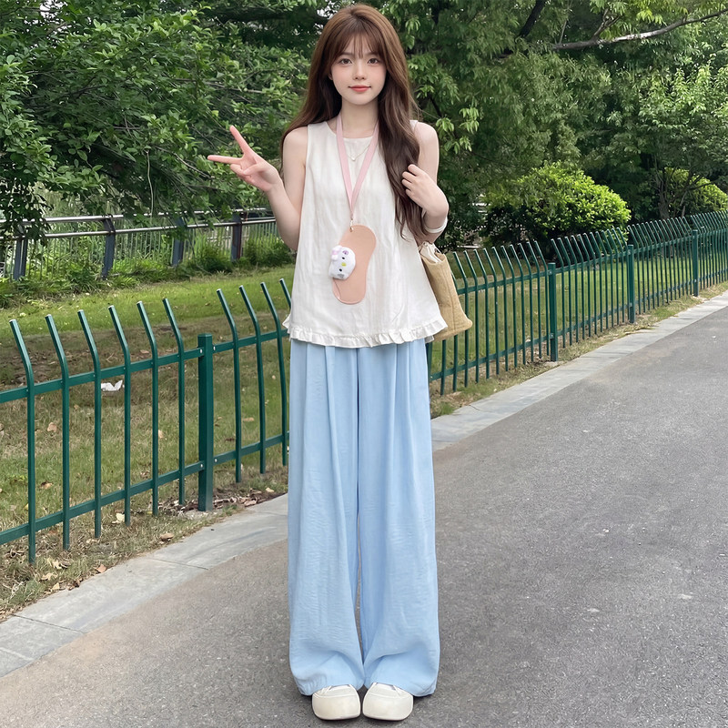 Blue Wide-Leg Pants for Women, Summer Thin Loose Drape Straight Casual Pants for Petite Figures, Ice Silk Yamamoto Style