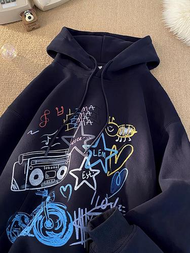 Men's Autumn/Winter Oversize Colorful Graffiti Hooded Sweatshirt, American Style Niche Print Streetwear Sweatshirt