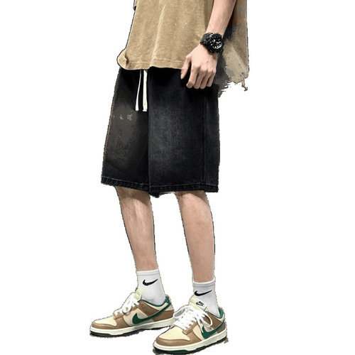 Vintage Washed American Denim Shorts for Men - Summer Loose Straight Leg Wide-leg Streetwear Trendy Brand 5-inch Pants with a Sense of Elegance