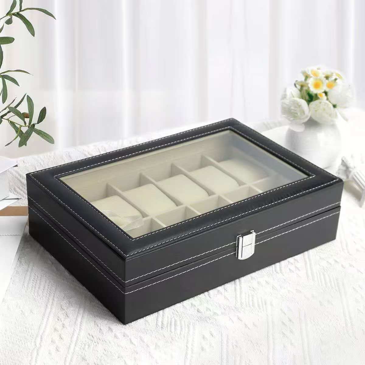 In-Stock Fast Delivery Pu Leather Twelve-Slot Watch Box with Transparent Window Display Box and Lock for Mechanical Watches