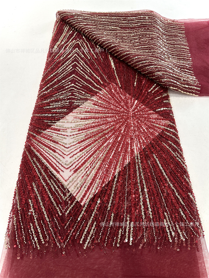 Tela de malla de lentejuelas lista para usar del fabricante, tela de encaje bordado, tela de moda para vestidos de alta costura con líneas tridimensionales