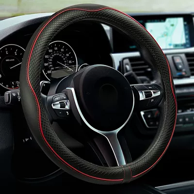 Steering wheel cover universal simple windmill handle cover - o-type-nappa-leather-black-line-red-stripes-38cm
