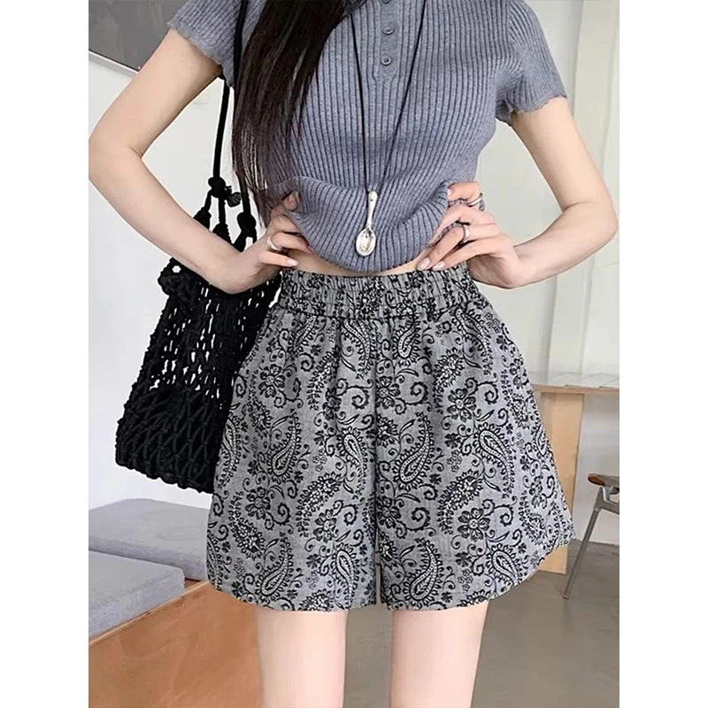 2025 Summer New Style Cashew Flower Wide-Leg Pants Women's Thin High-Waist Casual Shorts Retro Trendy Straight Pants