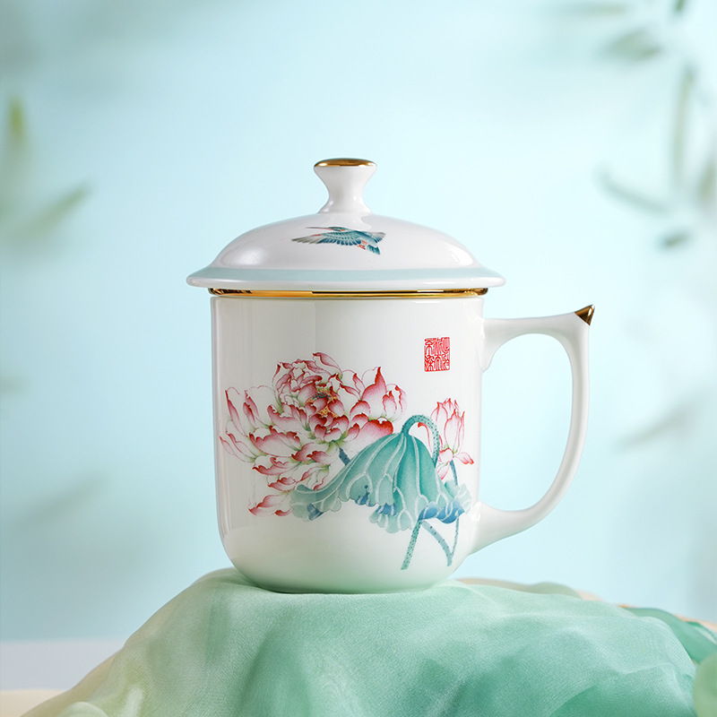 骨质瓷中式国风描金商务个人办公开会会议泡茶杯家用礼品水杯