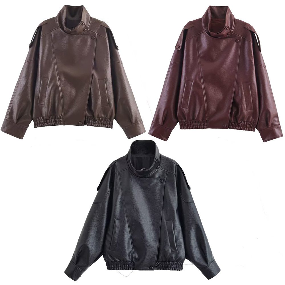 2025 Autumn and Winter New European and American Cross-Border Women's Street Fashion Pebbled Imitation Leather Jacket W09 11623