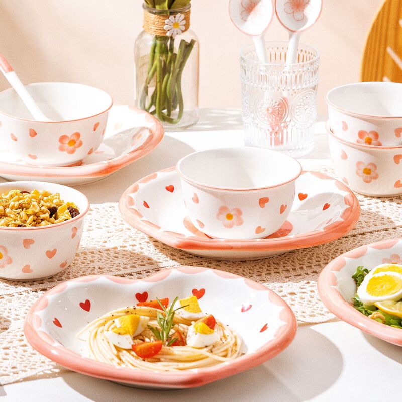 Cross-border Free Shipping Ceramic Tableware Caring Household Bowl suit Girl Strawberry Plate Bow Rice Bowl