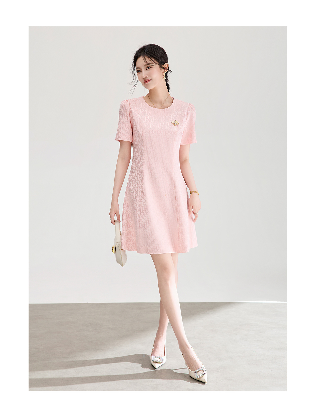 Đầm ngắn tay thắt eo jacquard kiểu dáng thanh lịch mùa hè — màu hồng chi tiết 12