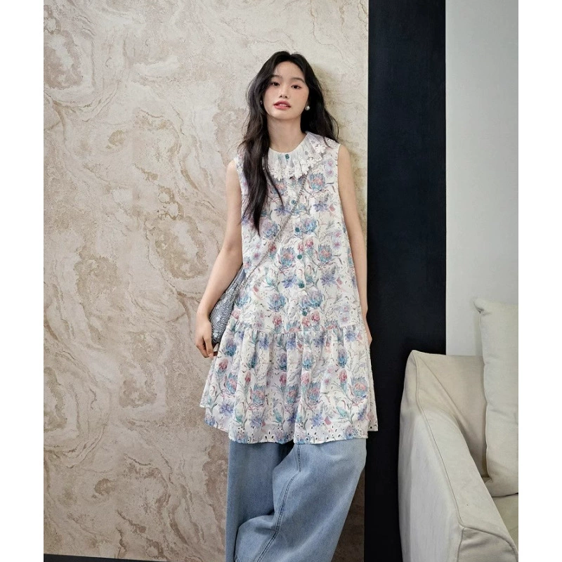 Французское кружевное платье с цветочным принтом для женщин 2025 весна-лето новое элегантное платье-жилет миди-юбка