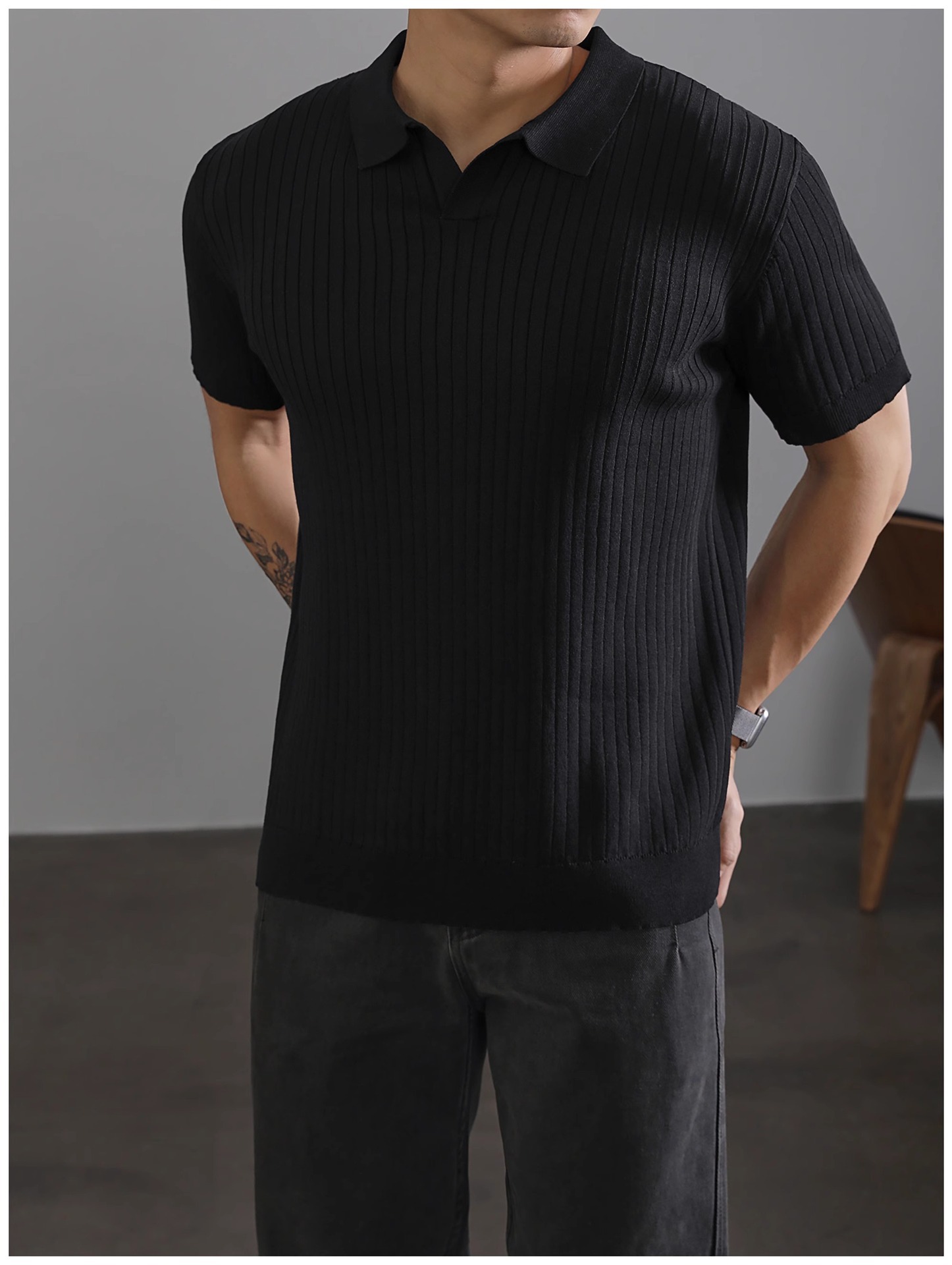 Herren Polo Shirt Strick Kurzarm Gestreift Aus Eisseide_voghion.com