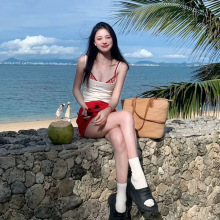 辣妹纯欲风海边度假沙滩比基尼裙式四件套分体游泳衣女格子性感夏