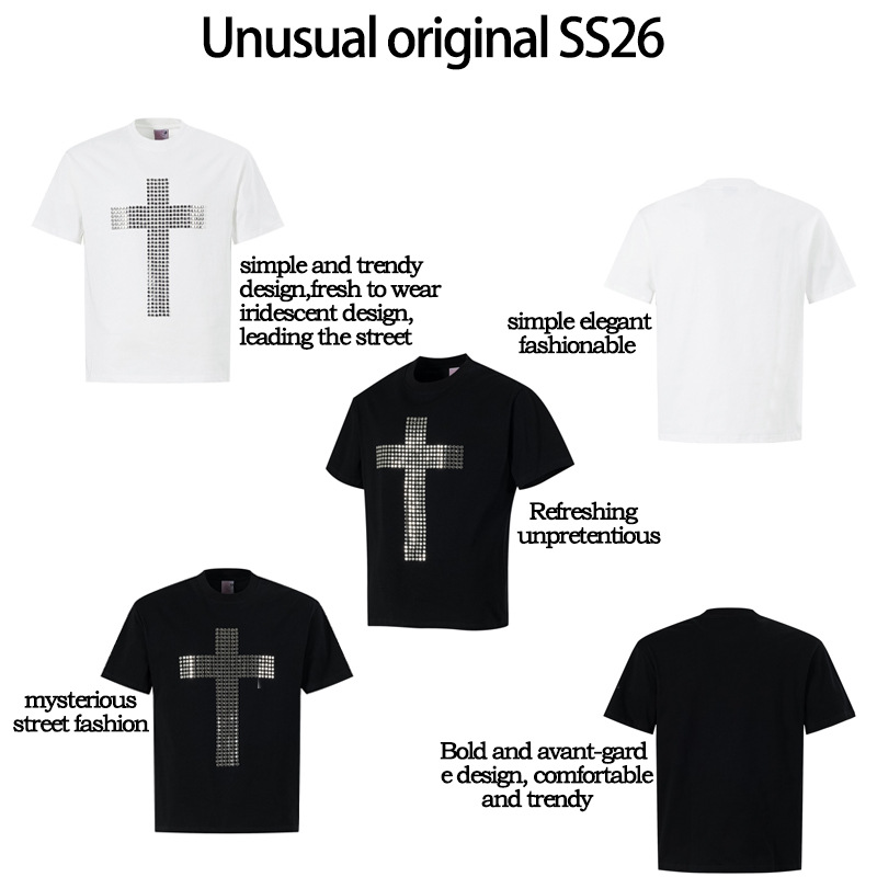 T1171 estilo americano de verano de calle de moda masculina y femenina parche de diseño de cruz camiseta de manga corta de hombre de alto nivel