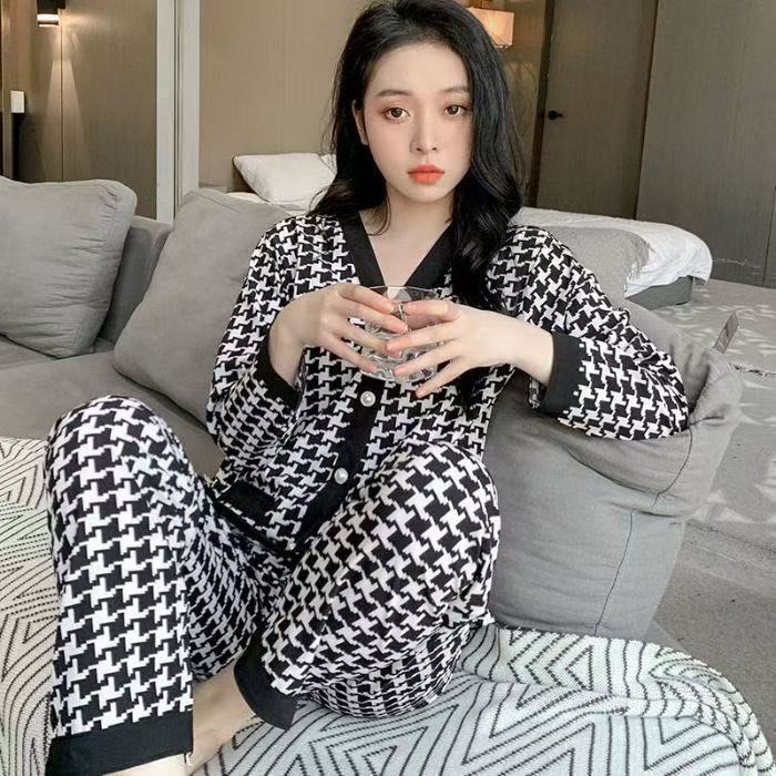 Spring and Autum Pajamas for Women Korean Style Houndstooth V Neck Cardigan Long-Sleeved Pants Two-Piece Pajamas Home Clothes Can Be Worn Outside