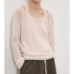 CHIC フリップ2ウェア ソフトミストシャツ_ライトカシミヤ起毛糸デコンストラクトフェイク2ピースニット長袖トップス2025